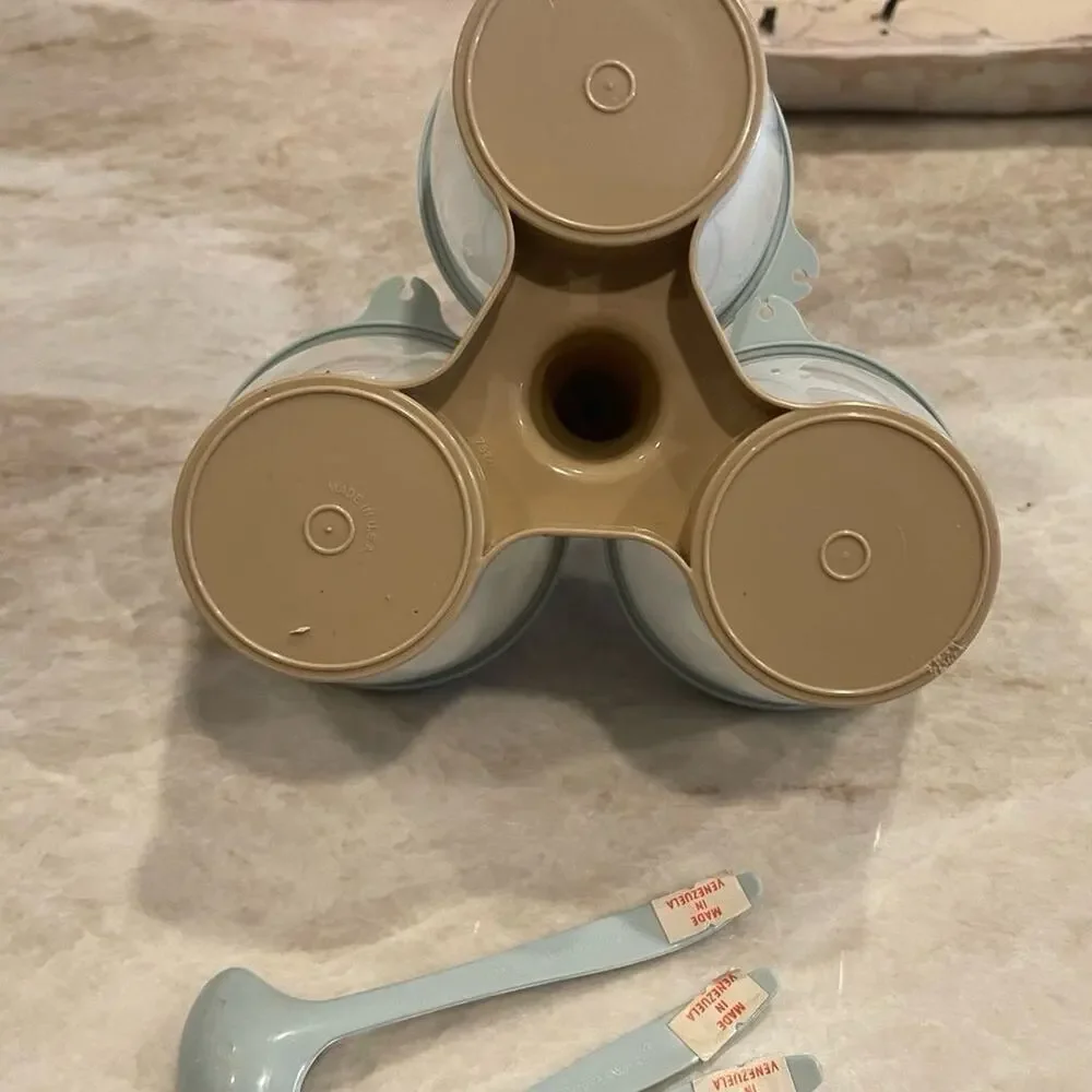 Vintage Tupperware Condiment Caddy Server with Lids and Spoons NEW blue & beige